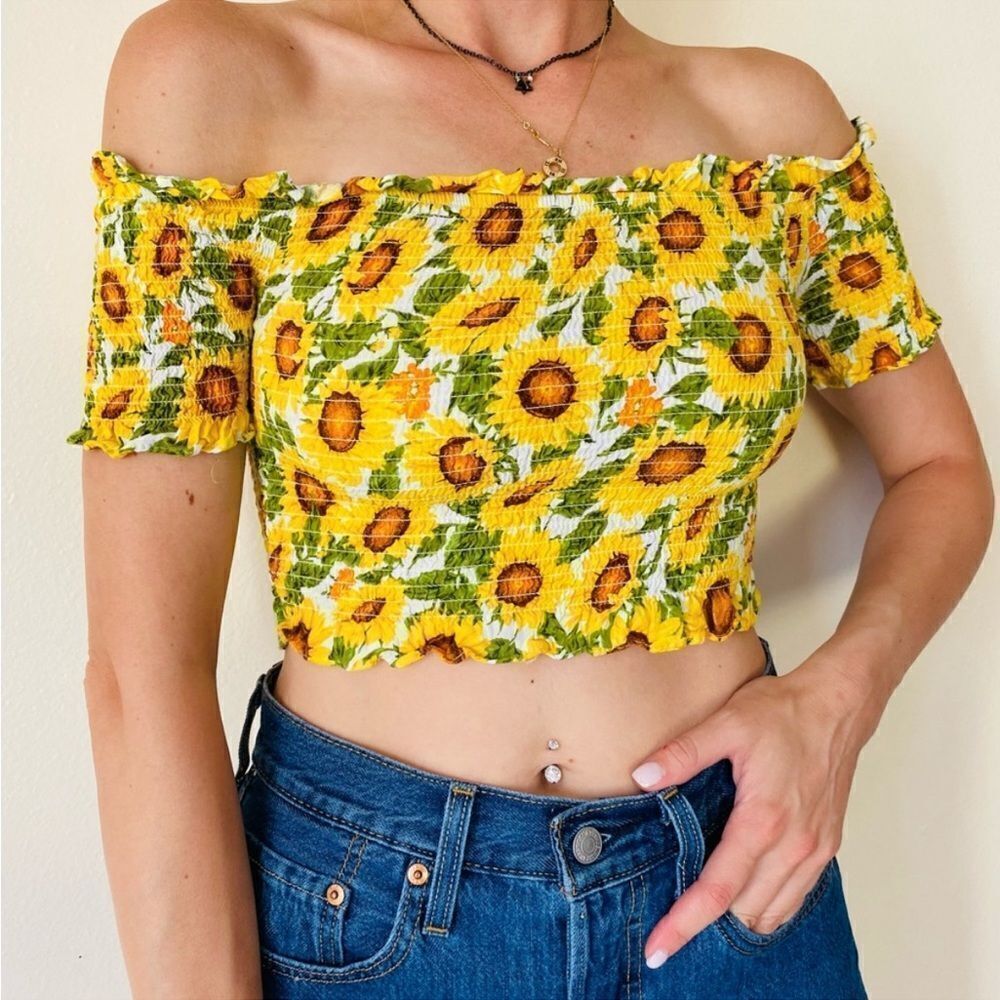Forever 21 floral stretch sunflower crop top ruche ruffle off the shoulder shirt